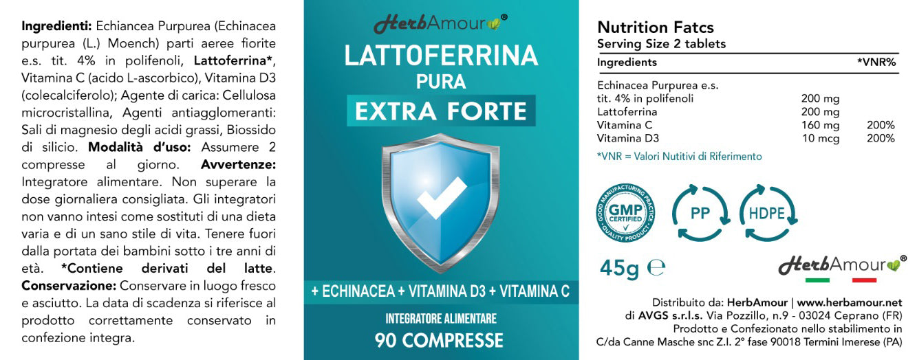 Lattoferrina, Echinacea, Vitamina C, Vitamina D3. Immuno Stimolante, Rinforza le Difese Immunitarie